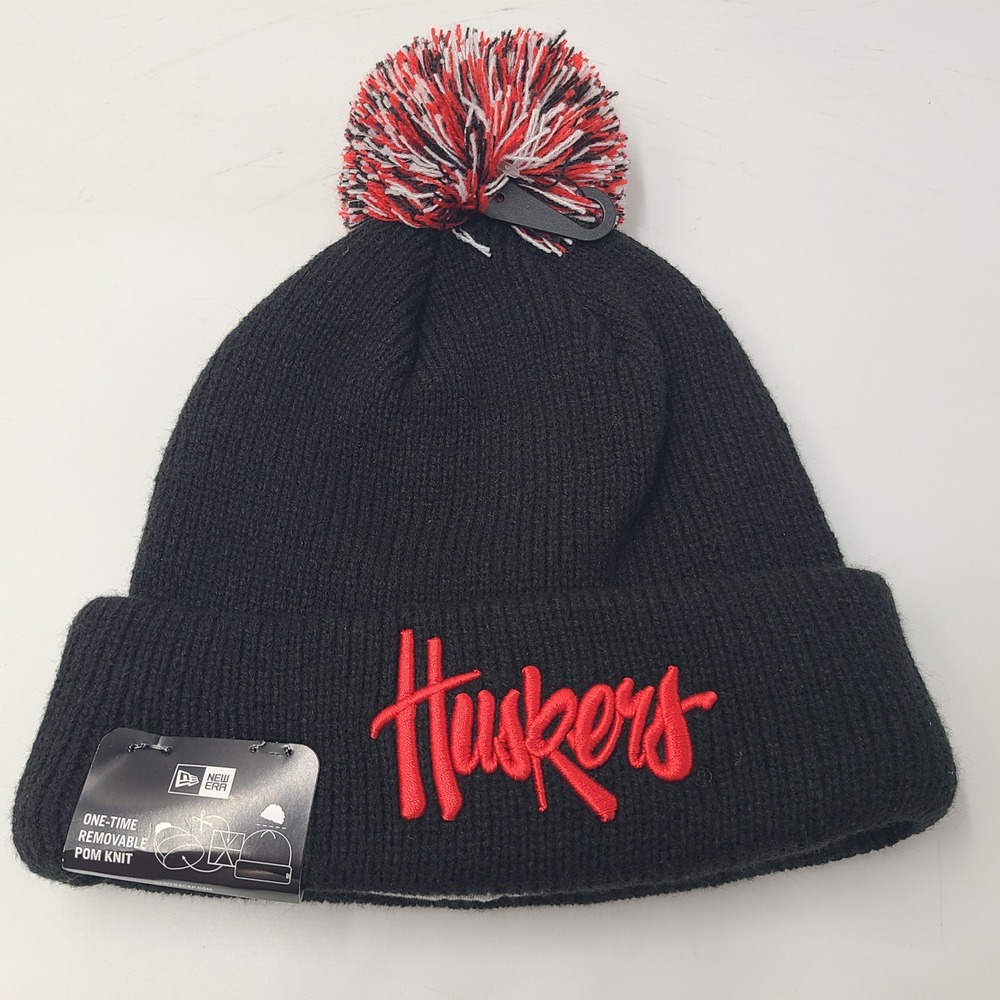 Nebraska Cornhuskers Hat Beanie New Era Black Red NCAA Winter Pom Stocking Cap